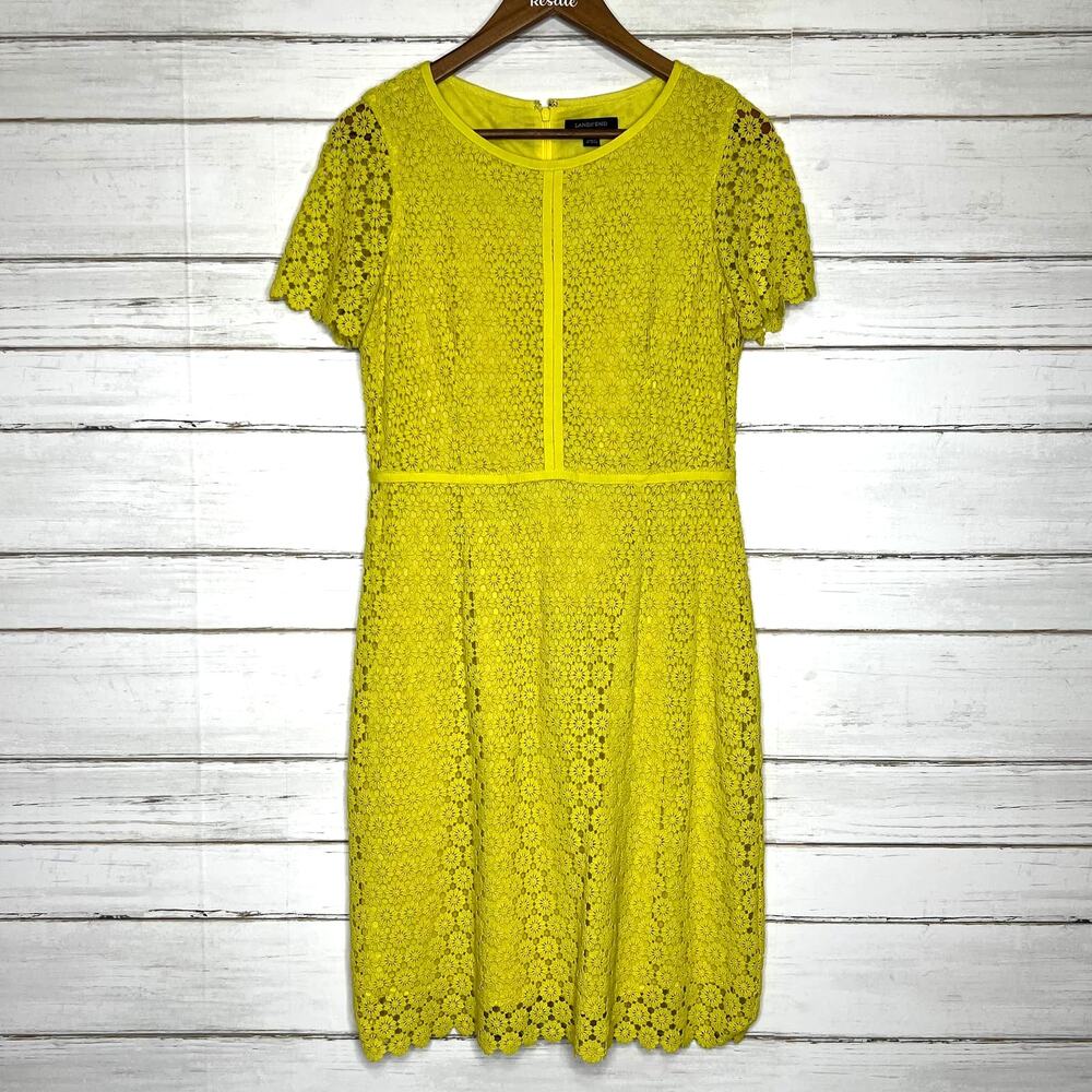 Lands' End Yellow Lace Dress Size 8 Floral Crochet Short Sleeve Dress Summer